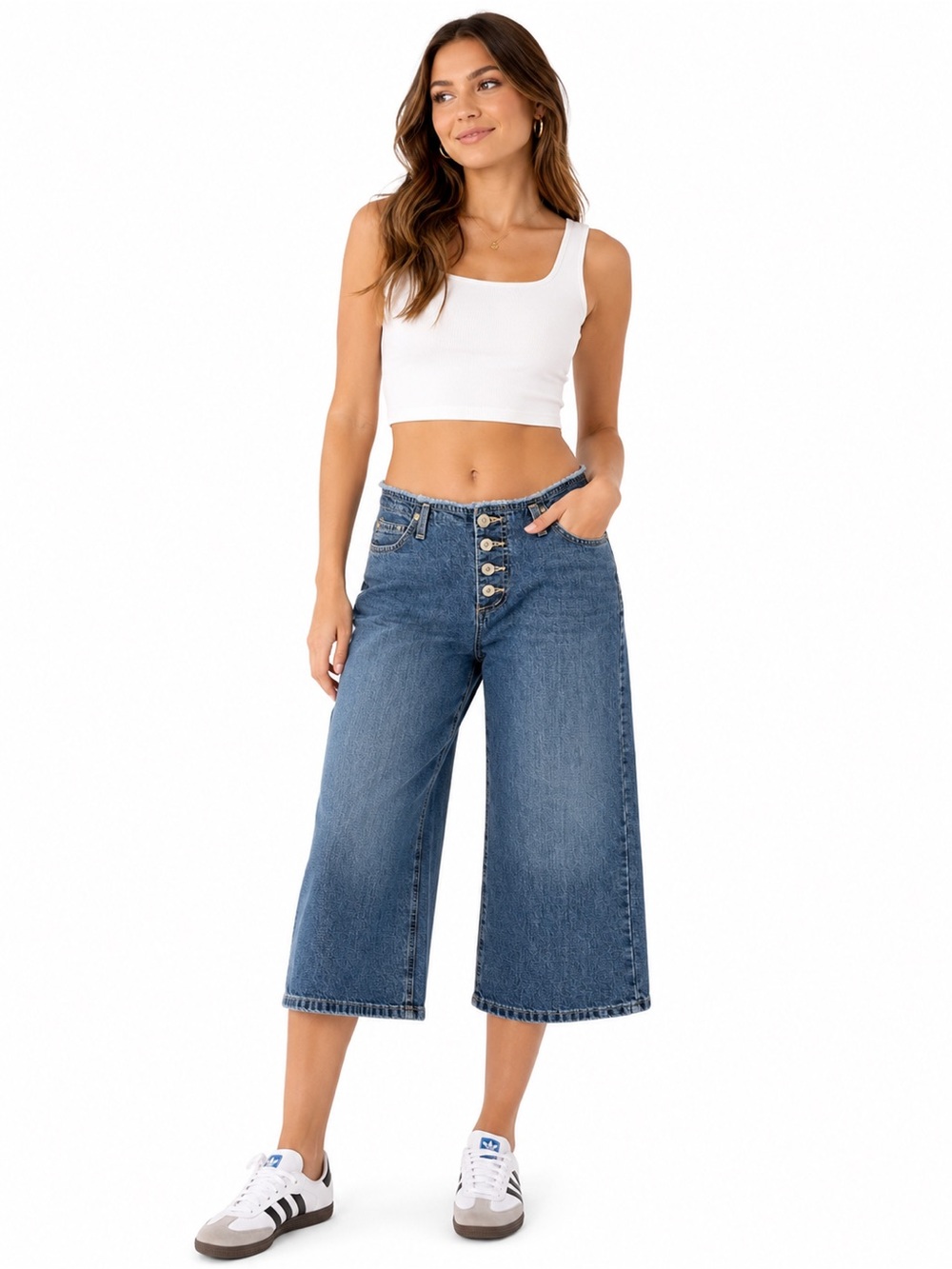 Vintage Anchor Blue Button Fly Denim Gaucho Capri‎ Jeans Wide Leg Cropped Size 7